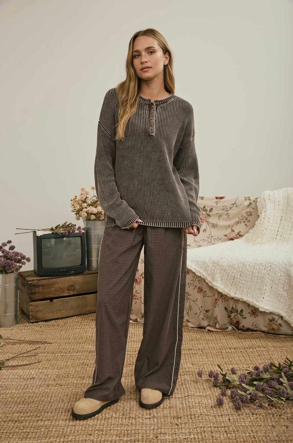 J6FT1029 WASHED RIBBED HENLEY DROP SHOULDER KNIT SWEATER