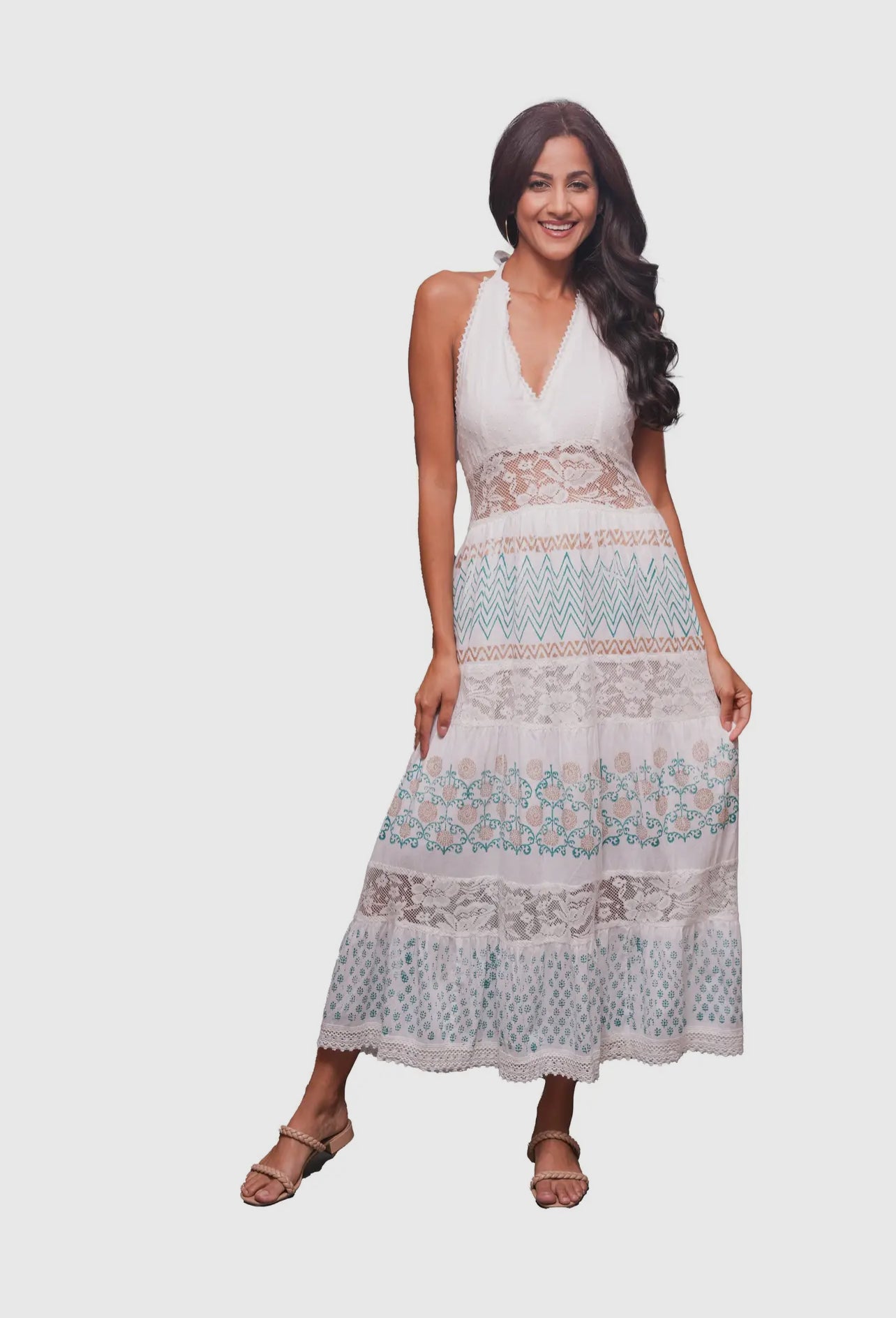 224058 Ethereal White Schiffli Maxi Dress with Lace