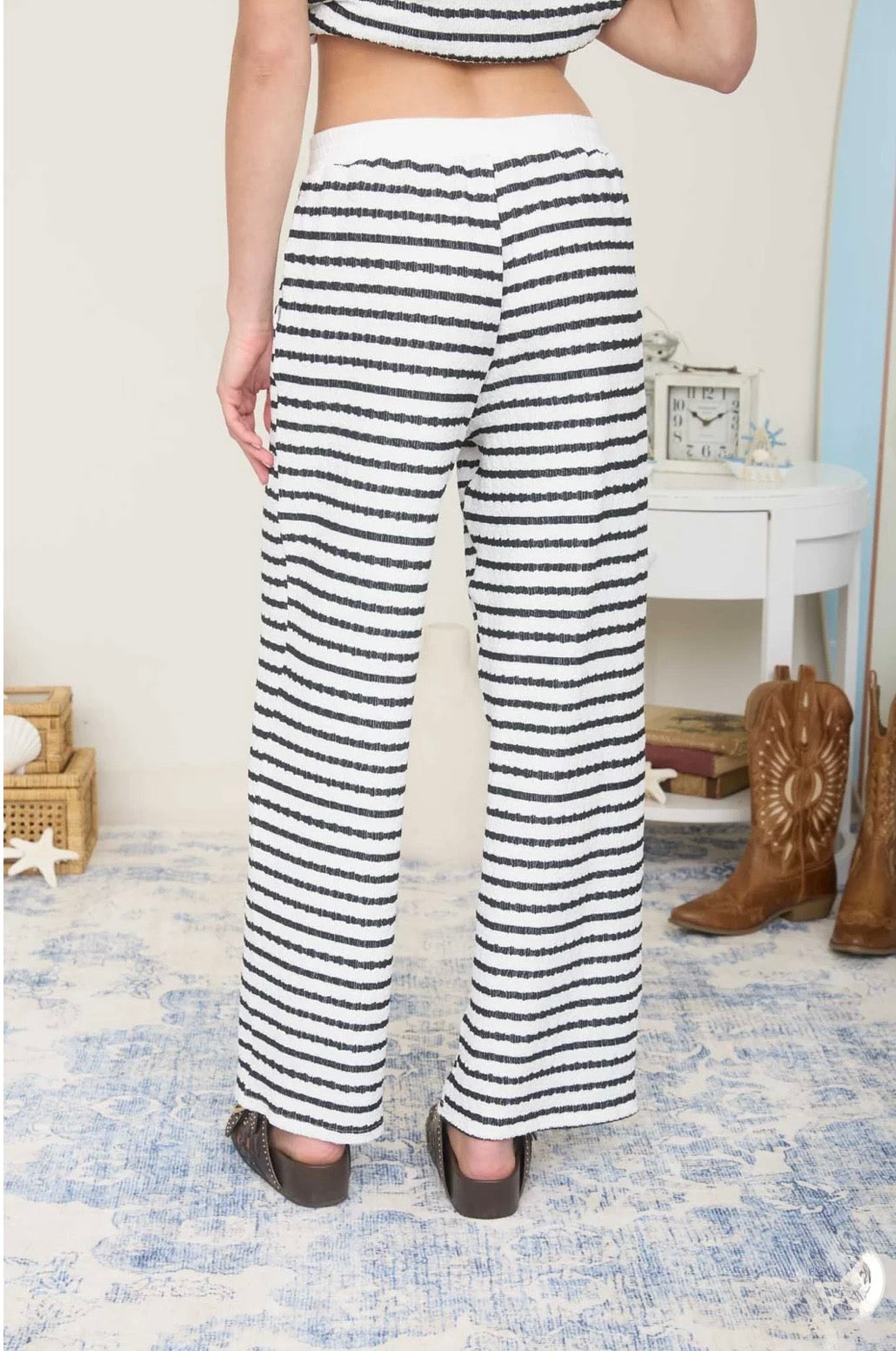 J6SX1017 TEXTURED STRIPE DRAWSTRING WIDE LEG LOUNGE SET