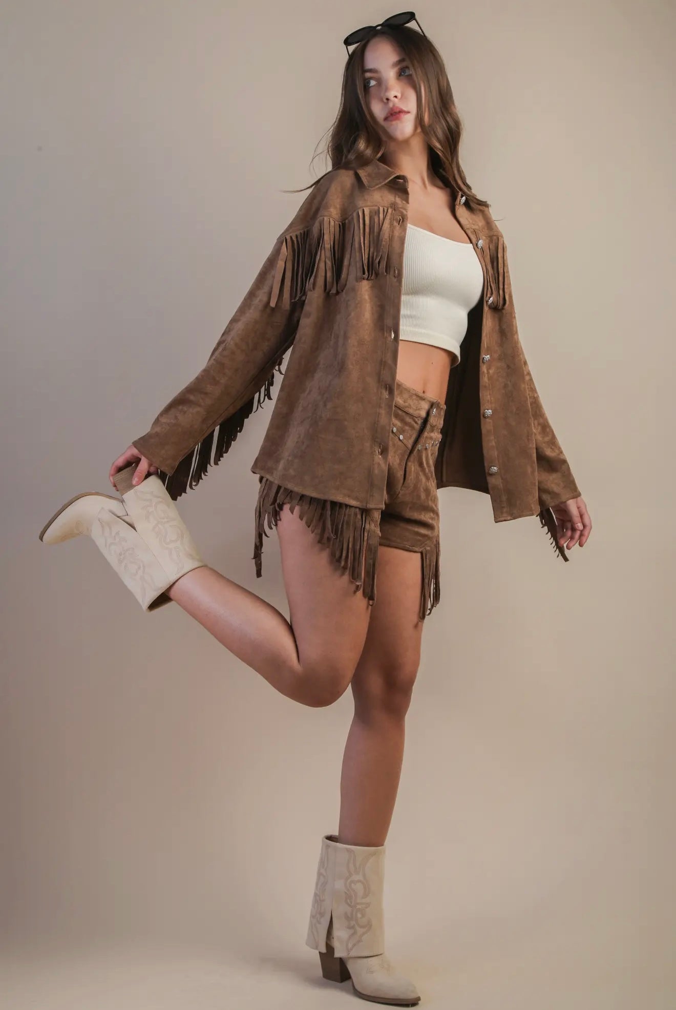 NJ90387 Suede Fringe Detail Western Jacket Shacket