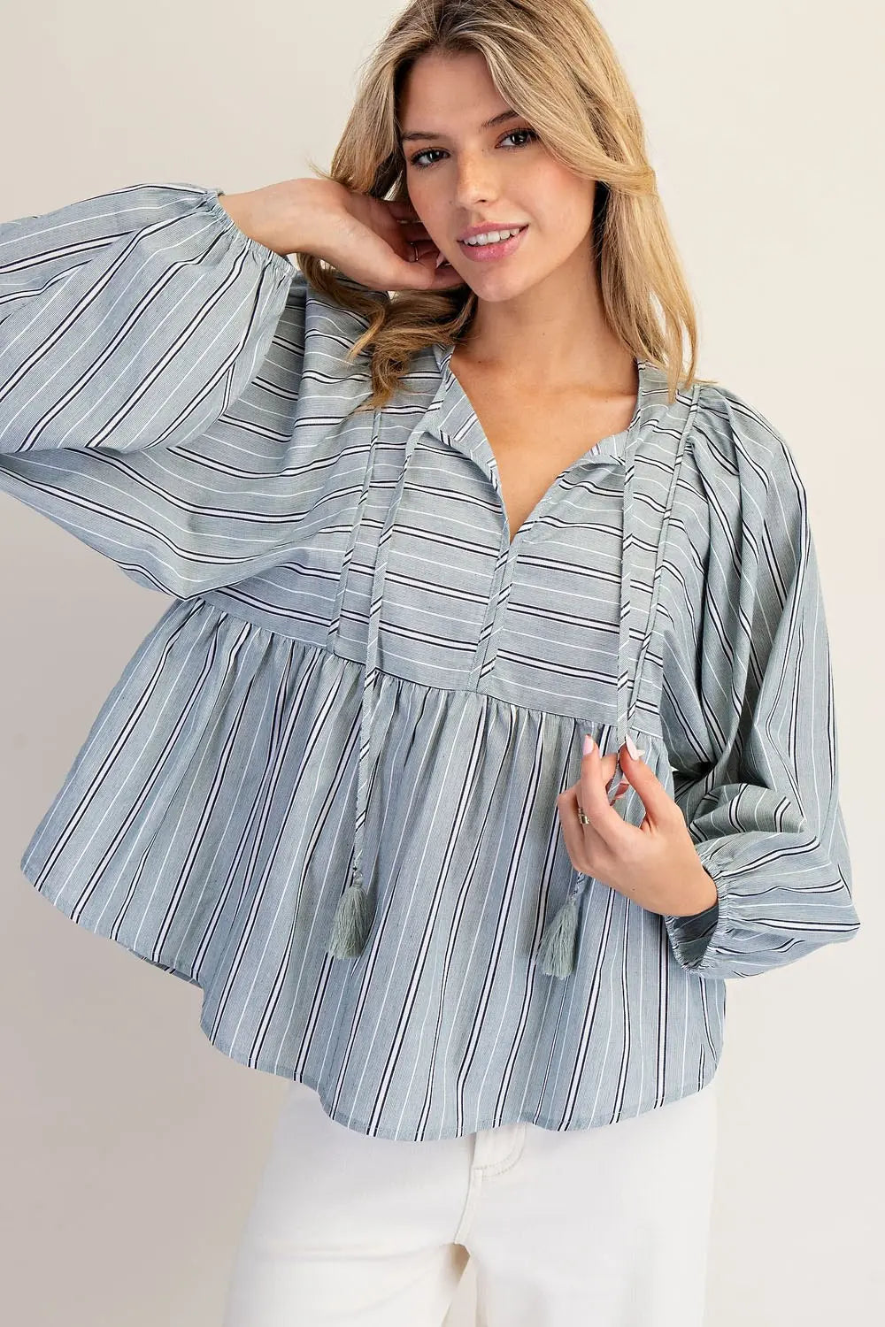 K14577 Striped Tie Front Balloon Sleeve Blouse