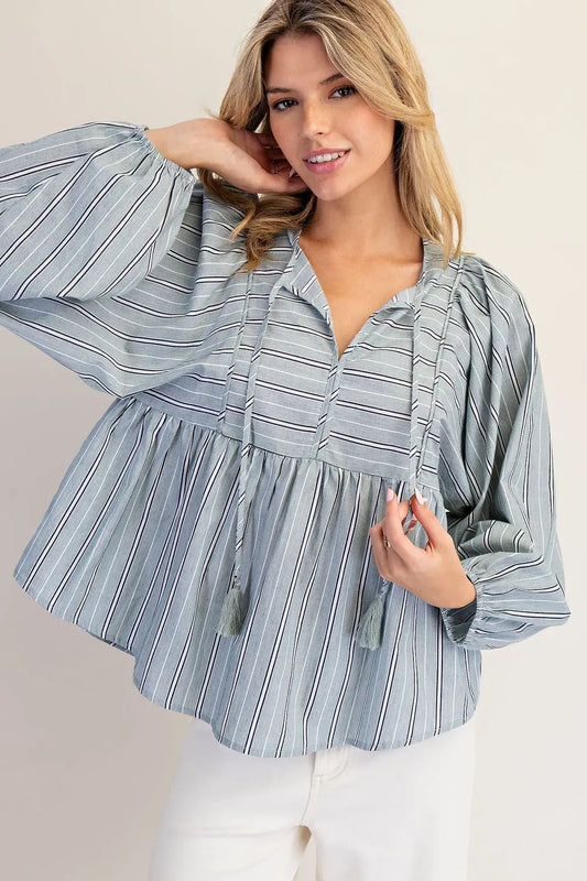 K14577 Striped Tie Front Balloon Sleeve Blouse