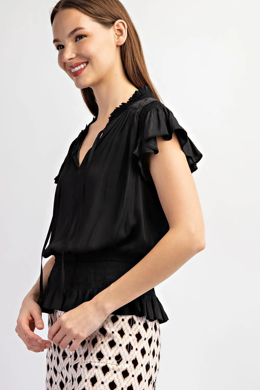 TK9815 SOLID SMOCKED SHORT SLEEVE TOP