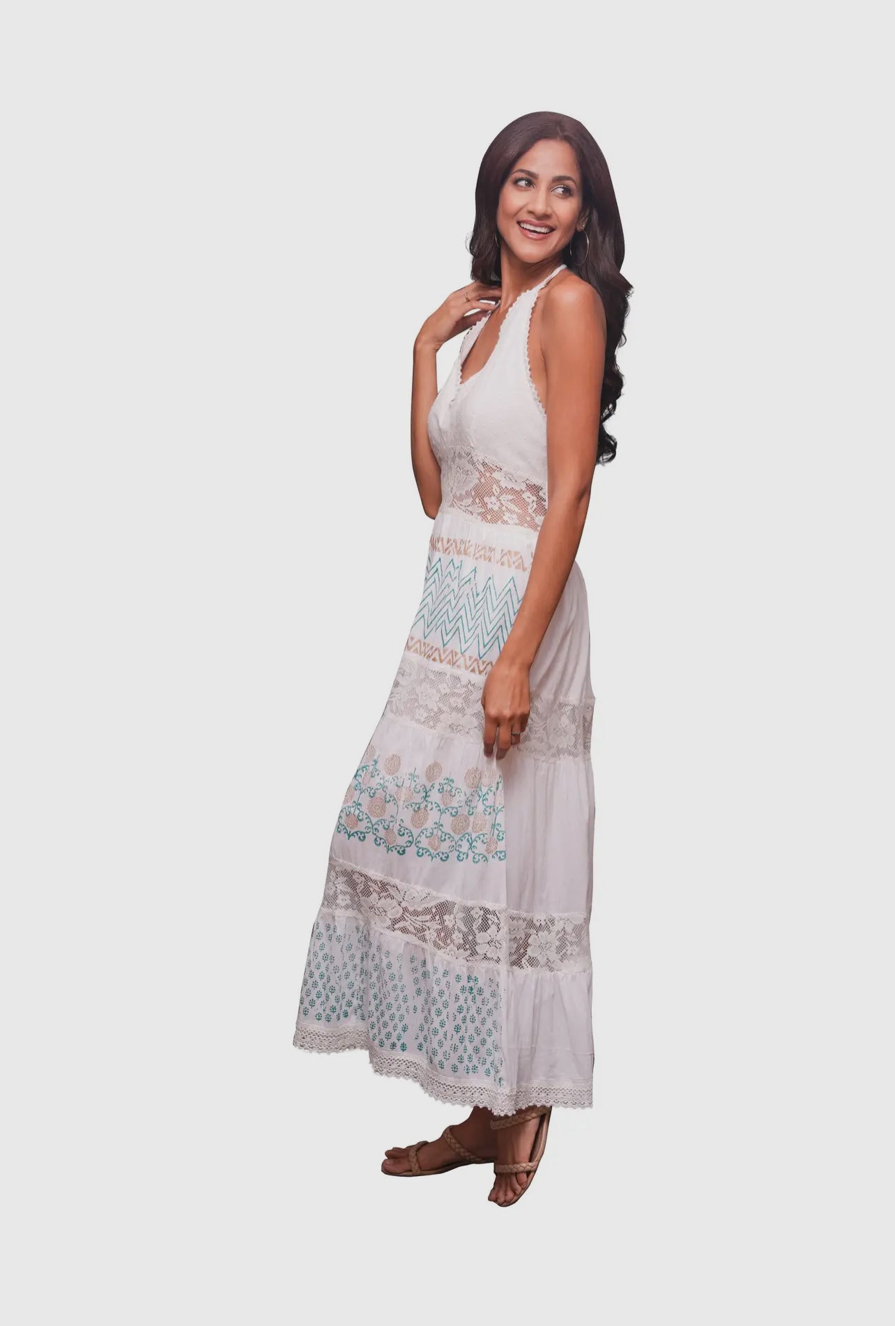 224058 Ethereal White Schiffli Maxi Dress with Lace