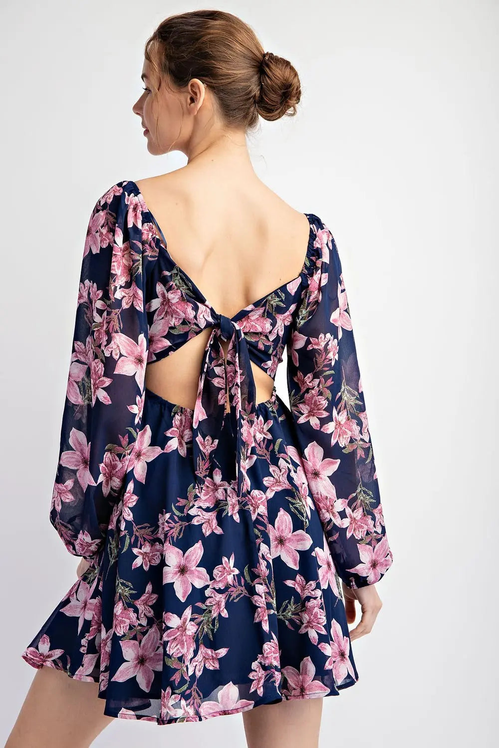K7872 Floral Open Back Tie Mini Dress