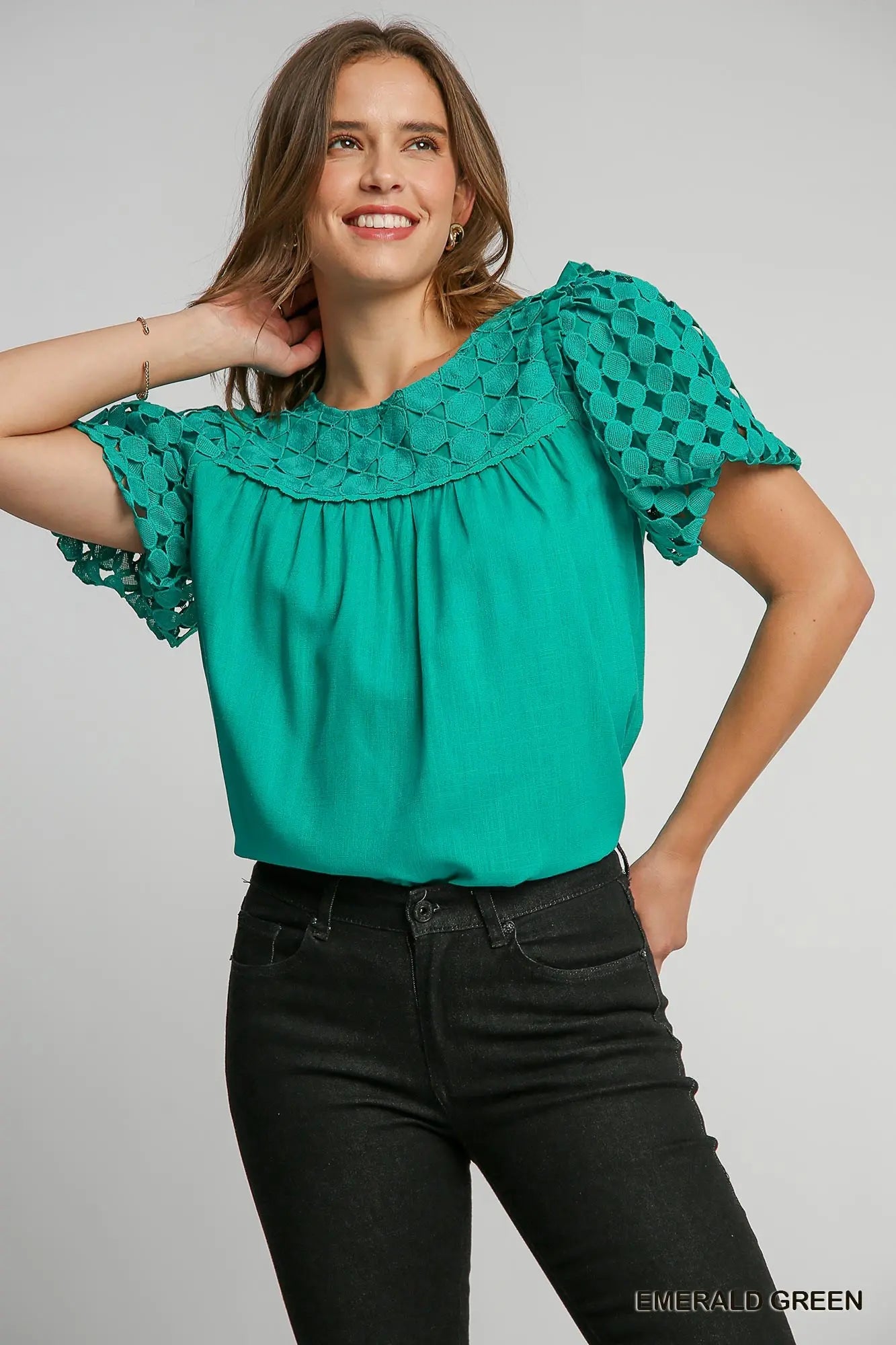 K8620 Linen Mixed Polka Dot Lace Top