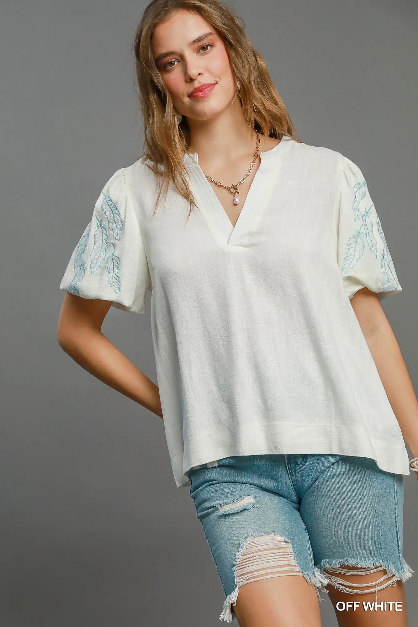 K9309 Linen Blend Embroidered Top