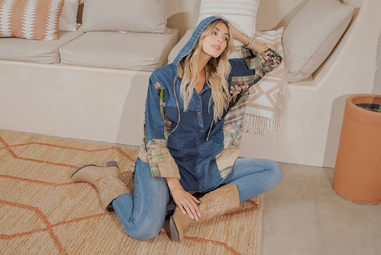 Western Boho Chic: Hooded High Low Patchwork Top