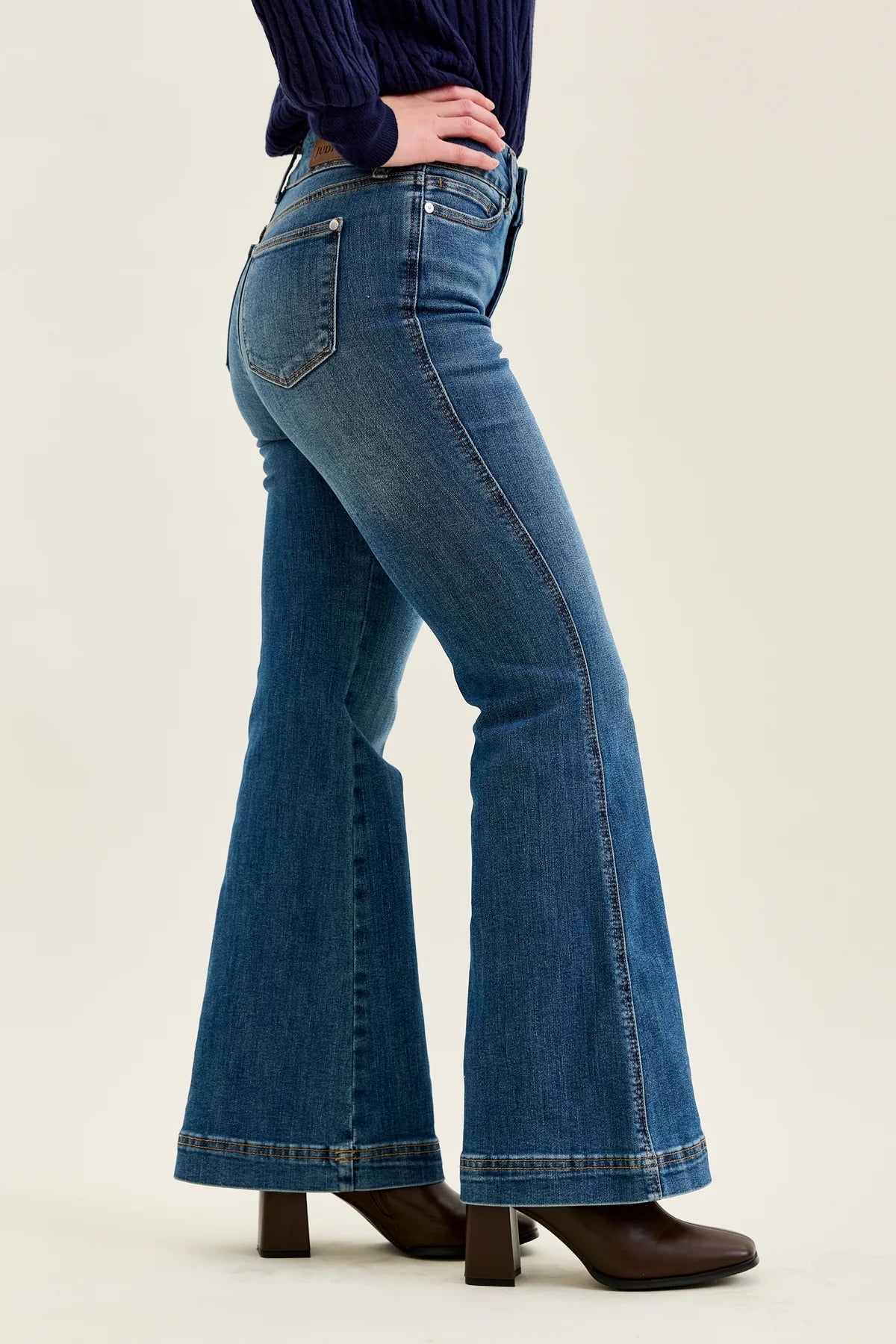 881018PT Petite Flare Tummy Control Double Button High Waist Jean