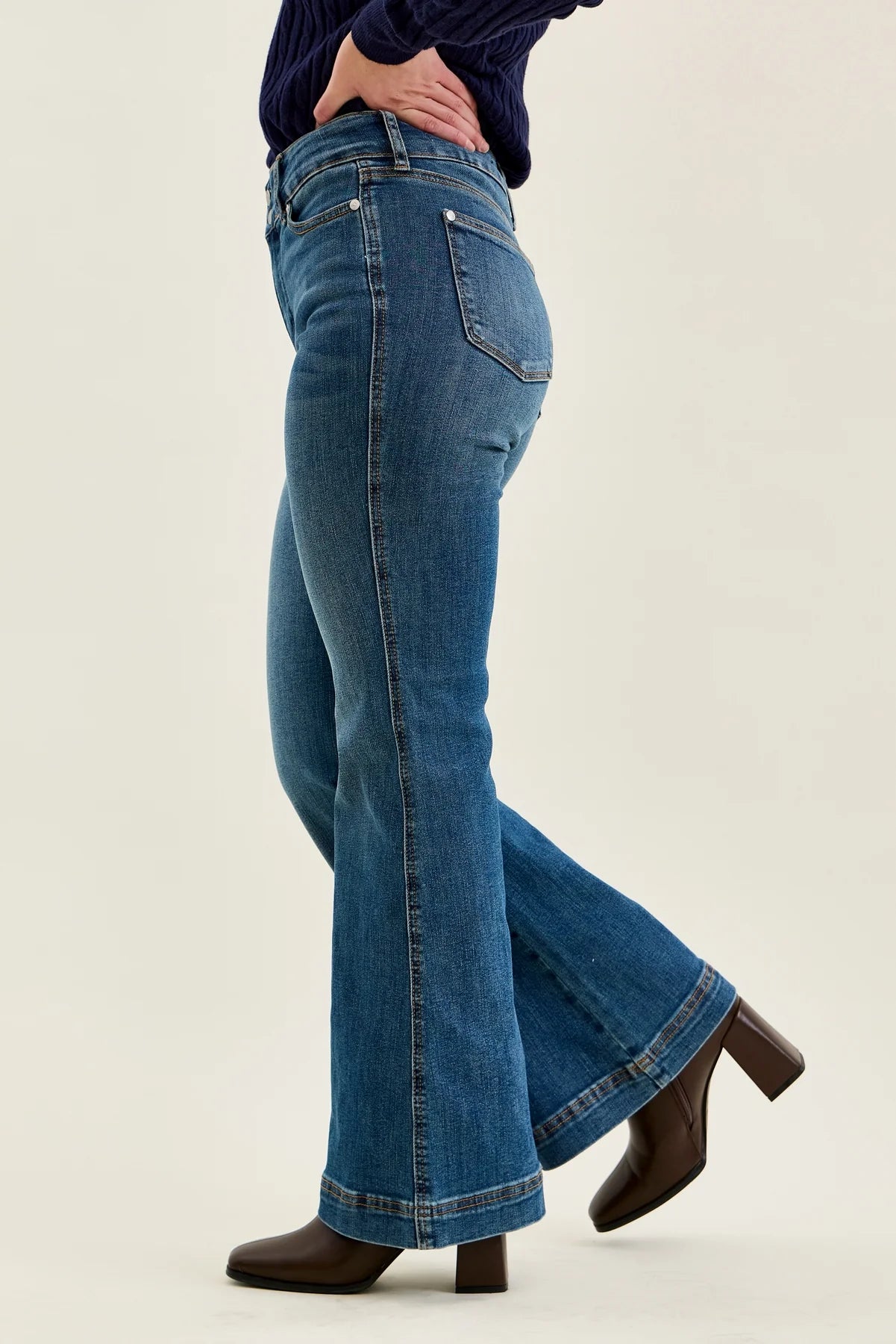 881018PT Petite Flare Tummy Control Double Button High Waist Jean
