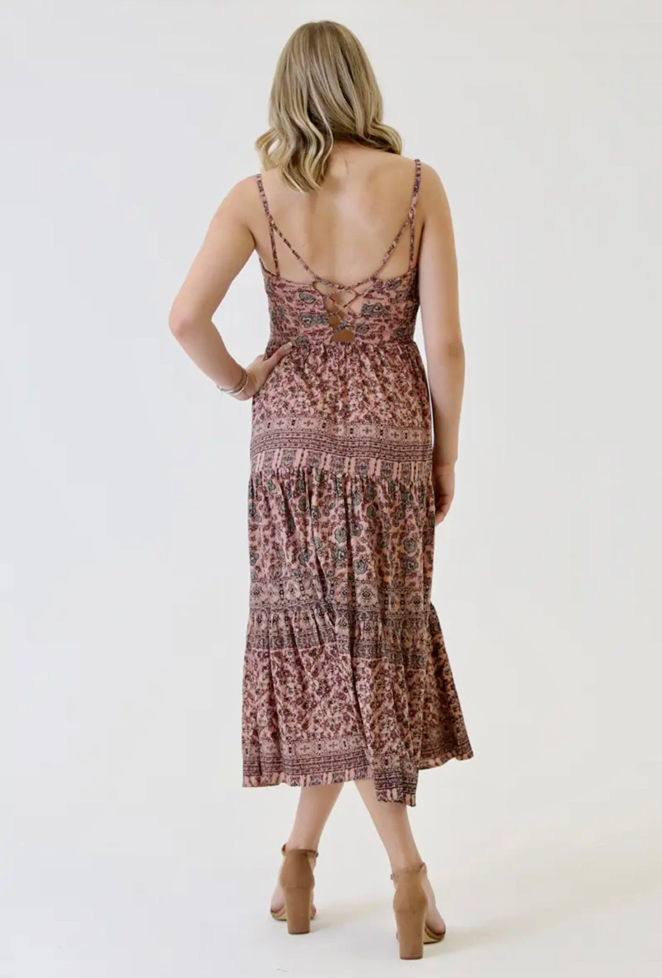 F4E88 Overdye Tie Neck Strappy Back Tiered Skirt Maxi Dress