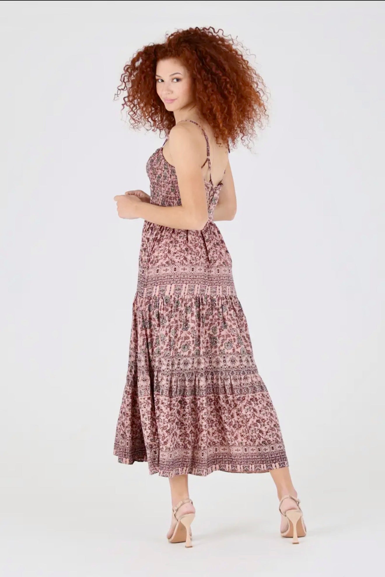 F4E88 Overdye Tie Neck Strappy Back Tiered Skirt Maxi Dress