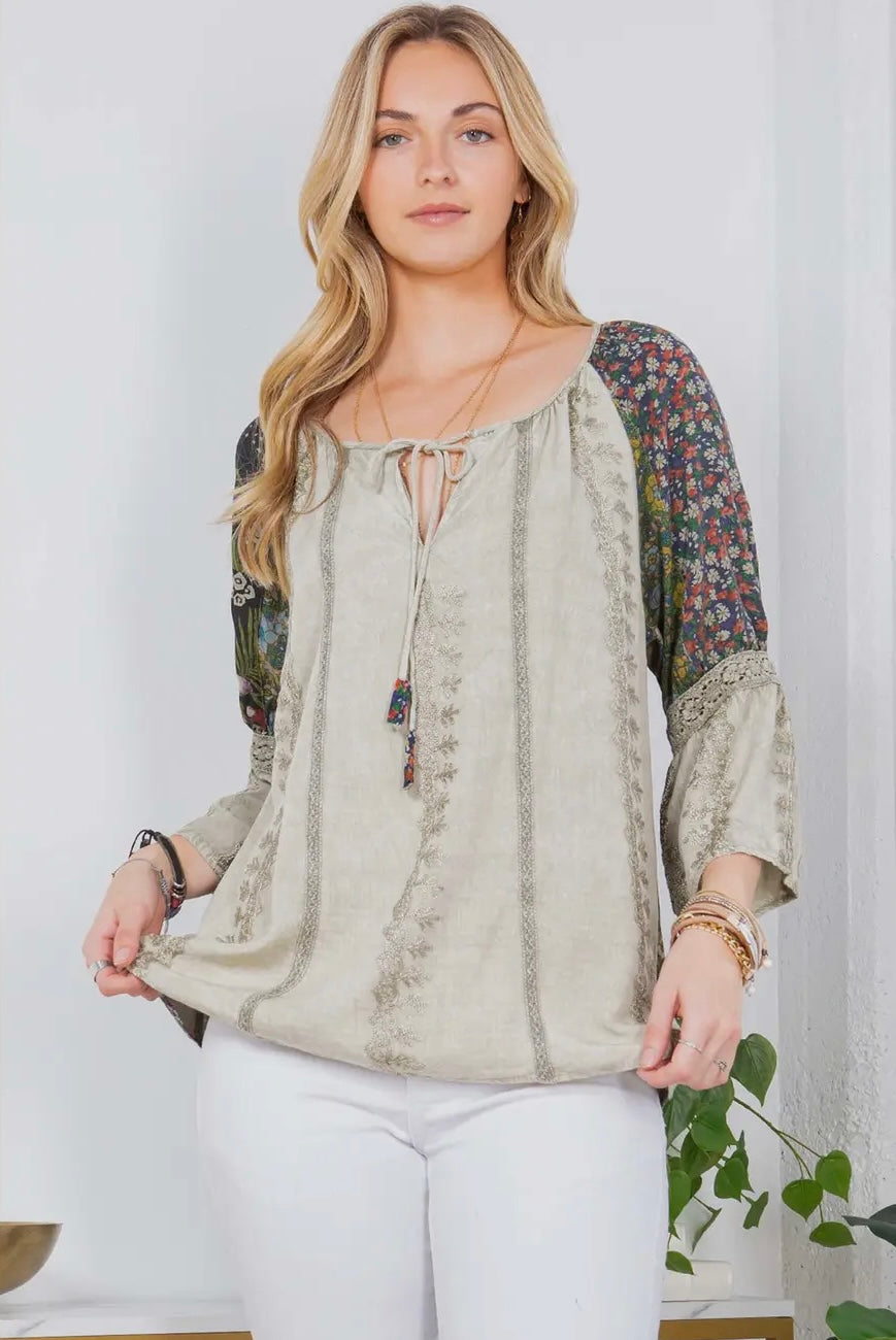 Enchanting Whimsy Overdyed Rayon Peasant Top With Embroidery