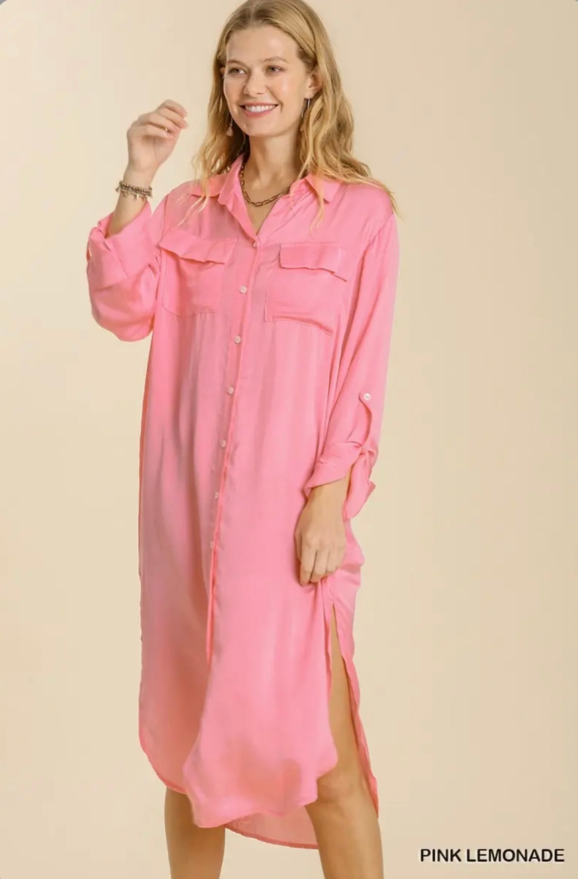 K6403 Satin Button Down Midi Dress Satin Button Down Midi Dress