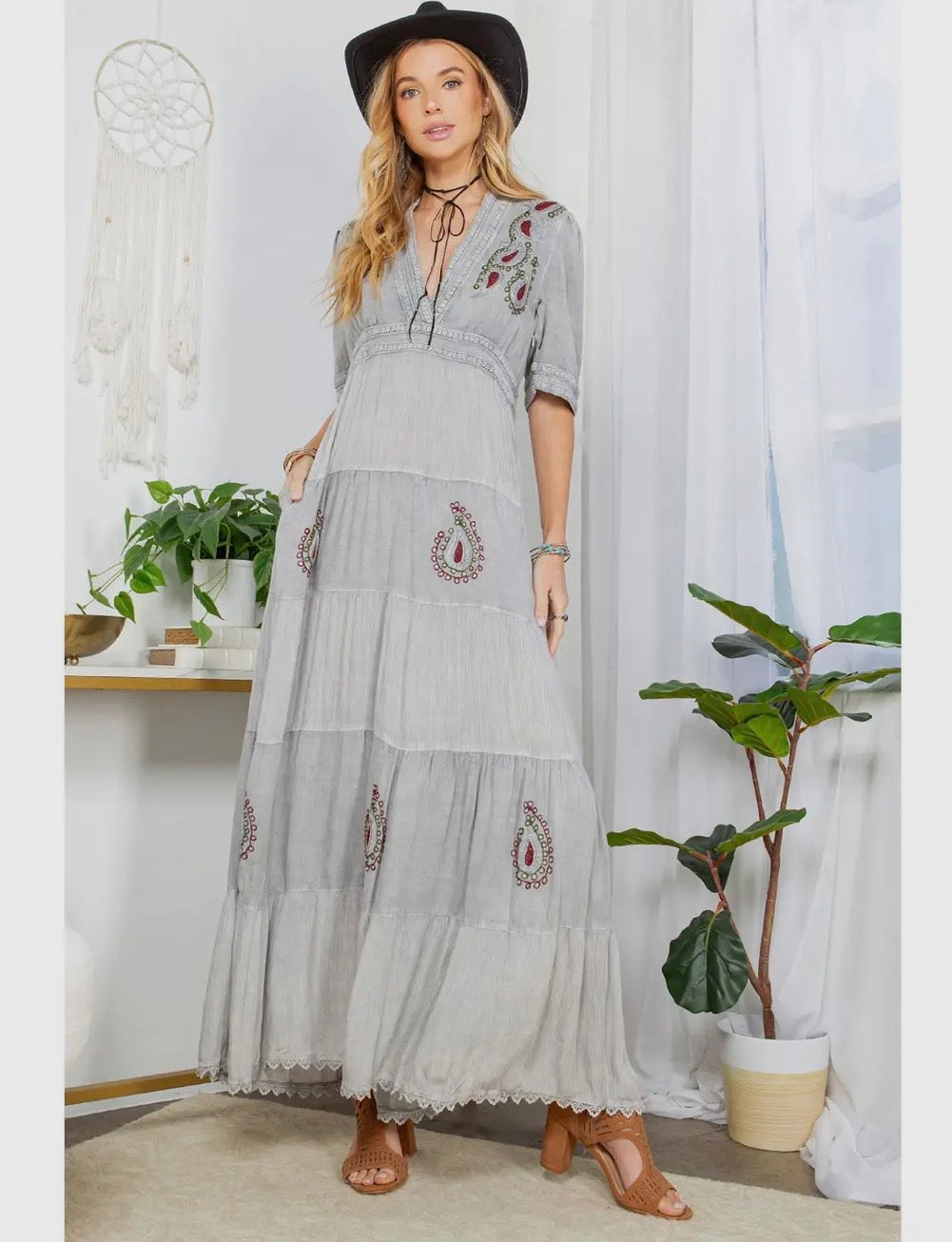 DR44607 Boho Gray Maxi Dress with Embroidered Accents