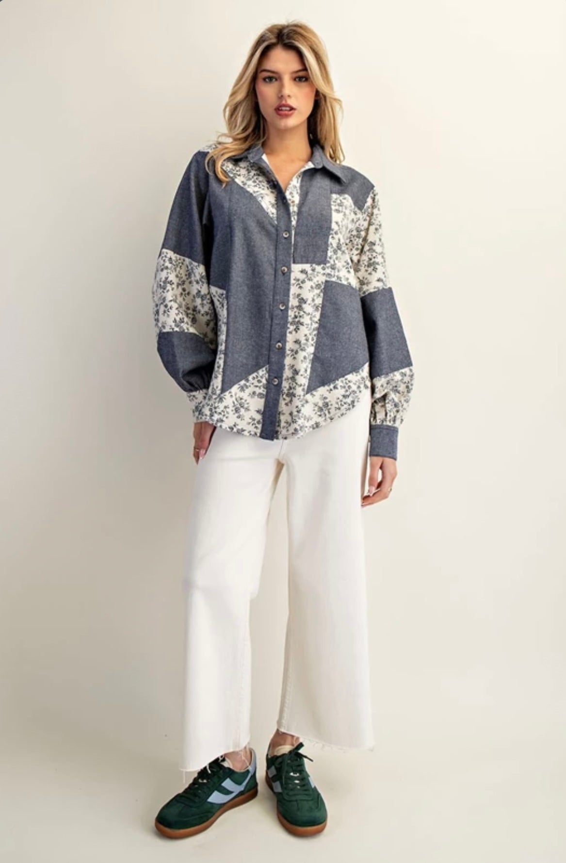 TY13137 Color Block Button Down Denim Shirt