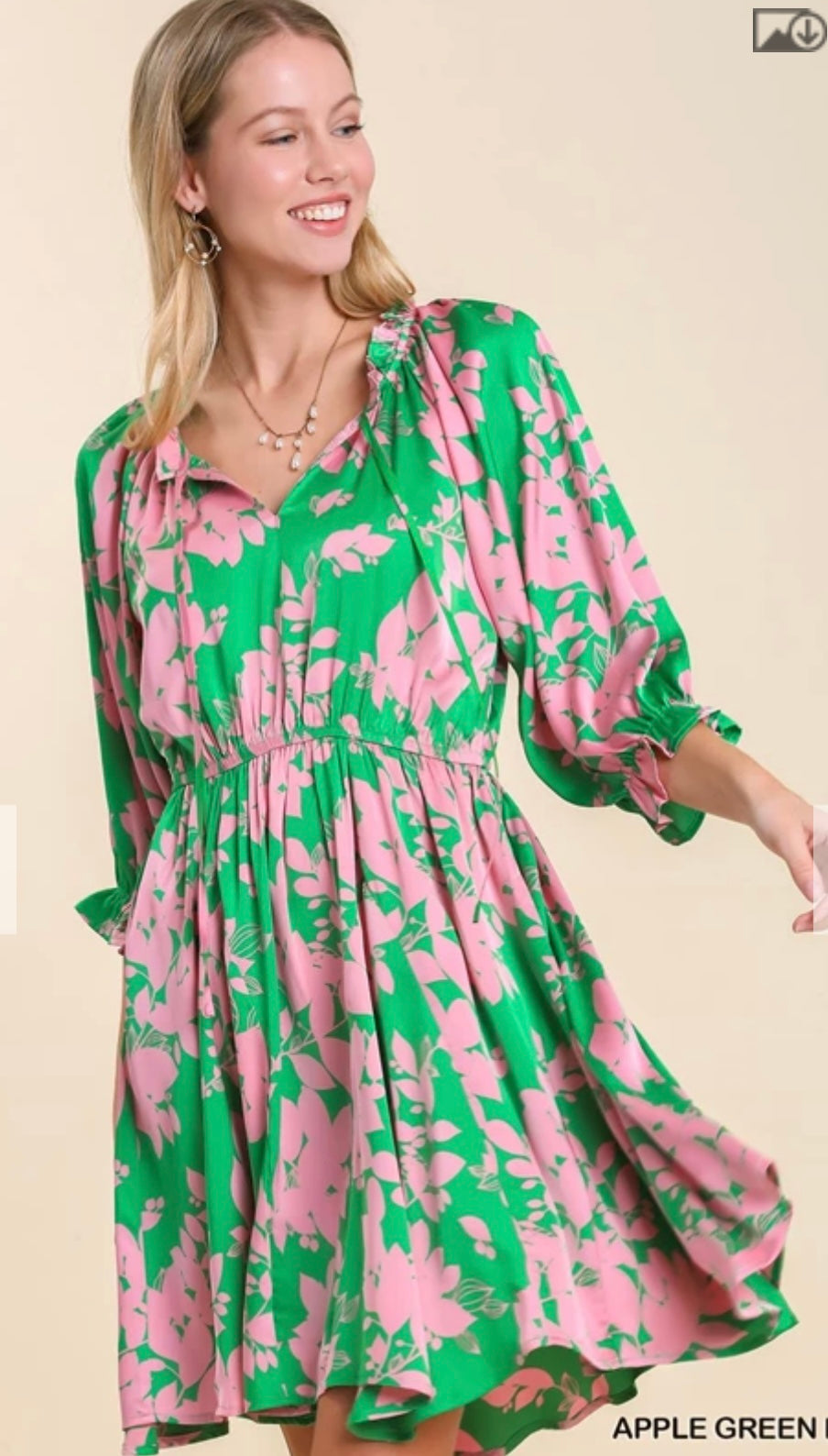 R0157 Graphic Floral Print Split Neck Dress with Neck Tie Detail, Ruffle Trim Neck Line & 3/4 Puff Sleeves