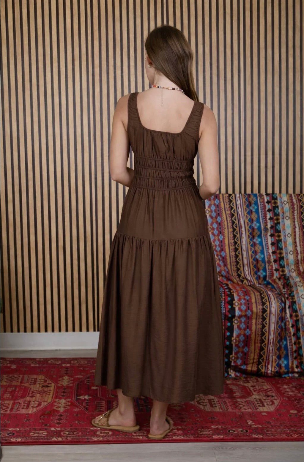B6SD1099 Satin Front Tie Shirred Waist MIDI Dress