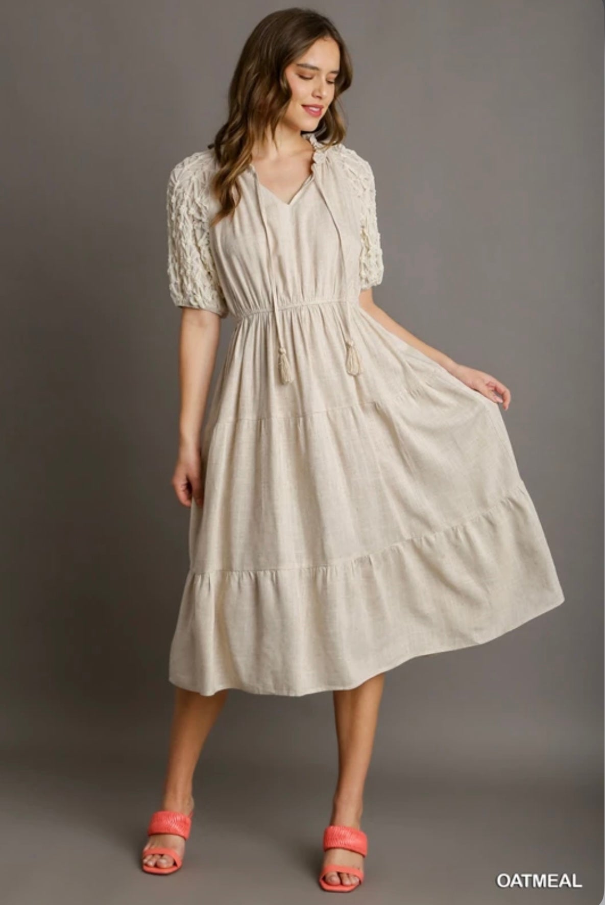 B8501 Linen Split Neck Front Tie Midi Dress