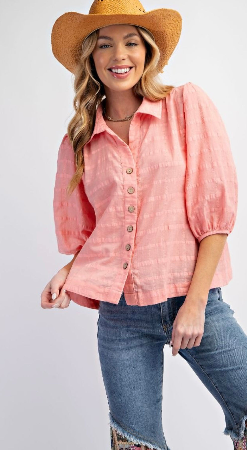 ET70338 TEXTURED VOILE BUTTON DOWN SHIRT -CORAL