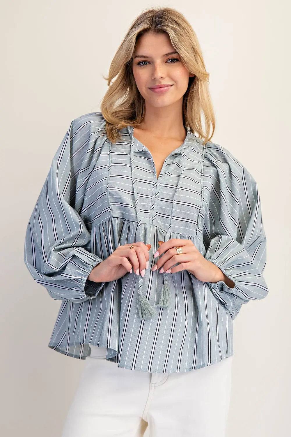 K14577 Striped Tie Front Balloon Sleeve Blouse