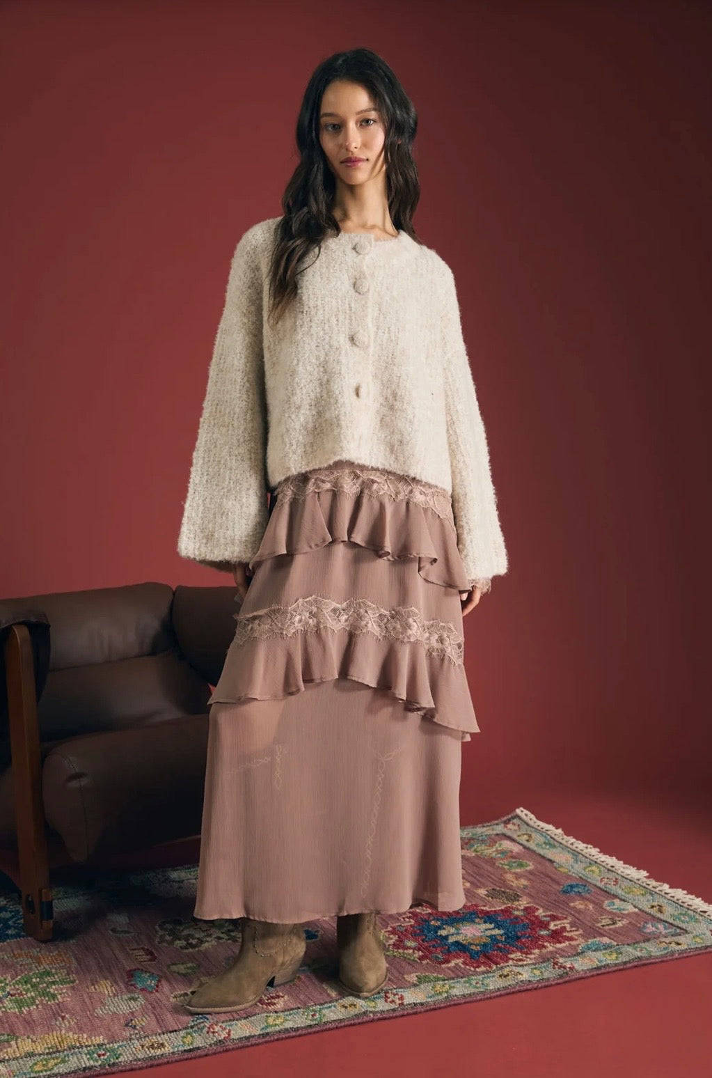 B6FJ1007 FUZZY KNIT BUTTON DOWN BOXY CARDIGAN SWEATER