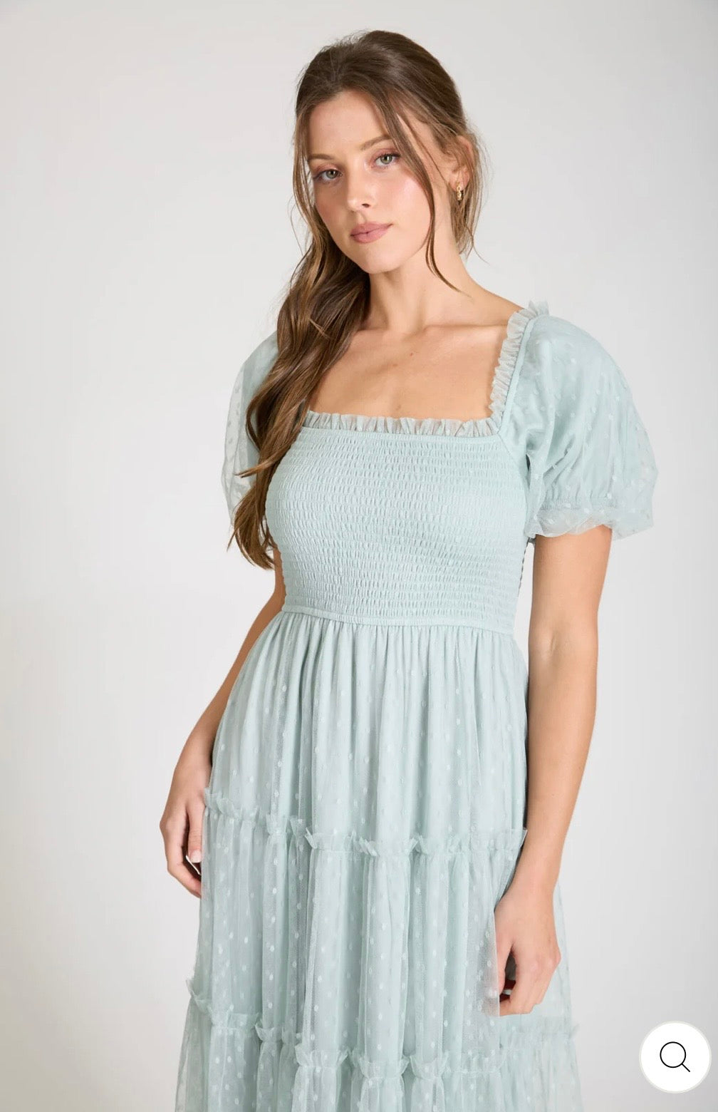 CR2739 POLKA DOT TULLE PUFF SLEEVE SMOCKED TIERED MIDI DRESS