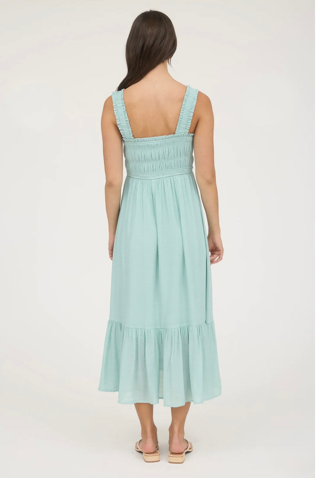 CR2587 SHIRRED BUTTON FRONT SLEEVELESS MIDI DRESS