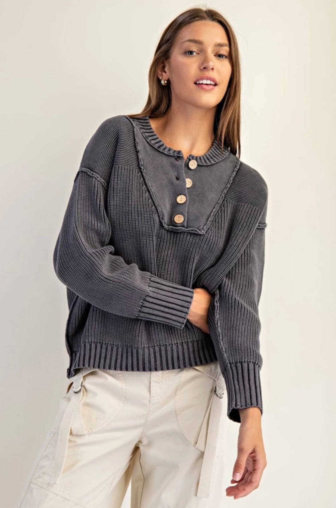 SK14167 
Half Button Front Long Sleeve Knit Pullover