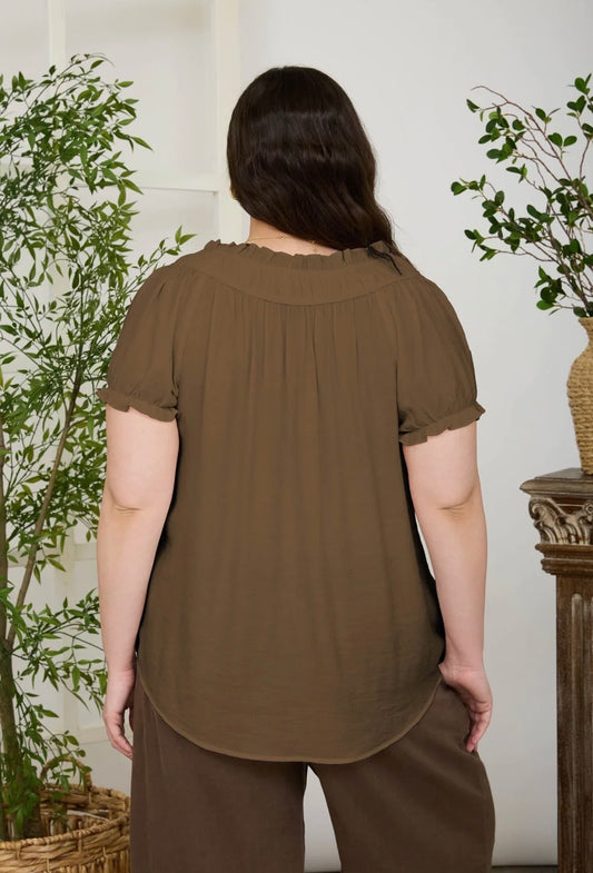 PCR2996 PLUS RUFFLED BOAT NECK FRONT TIE PUFF SLEEVE TOP