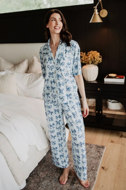 Light Blue Toile Coquette Bows Pajama Pants Set