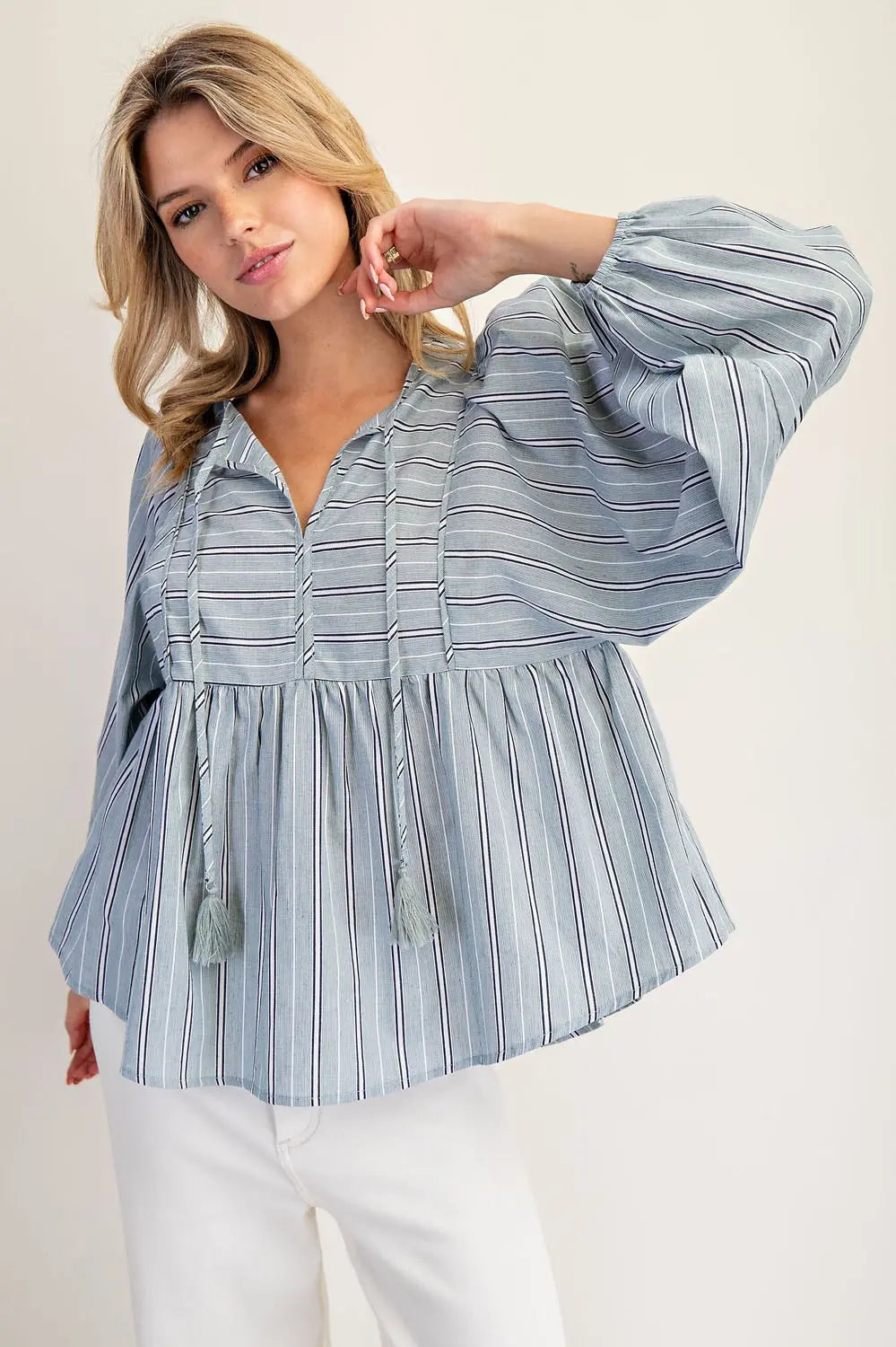 K14577 Striped Tie Front Balloon Sleeve Blouse