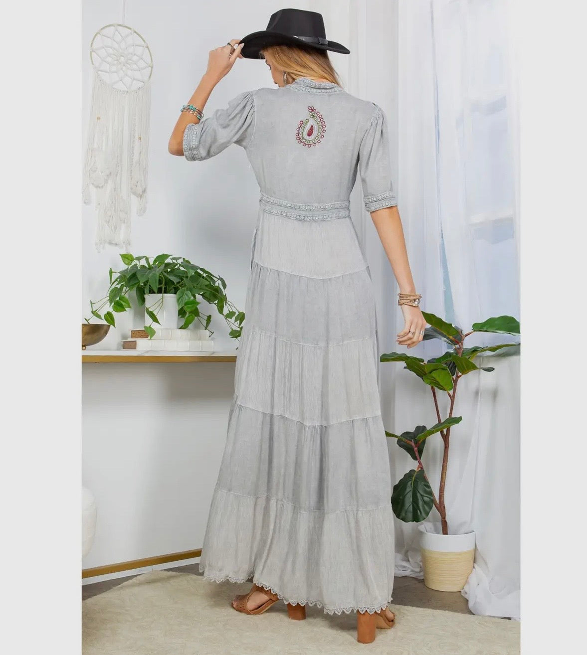 DR44607 Boho Gray Maxi Dress with Embroidered Accents
