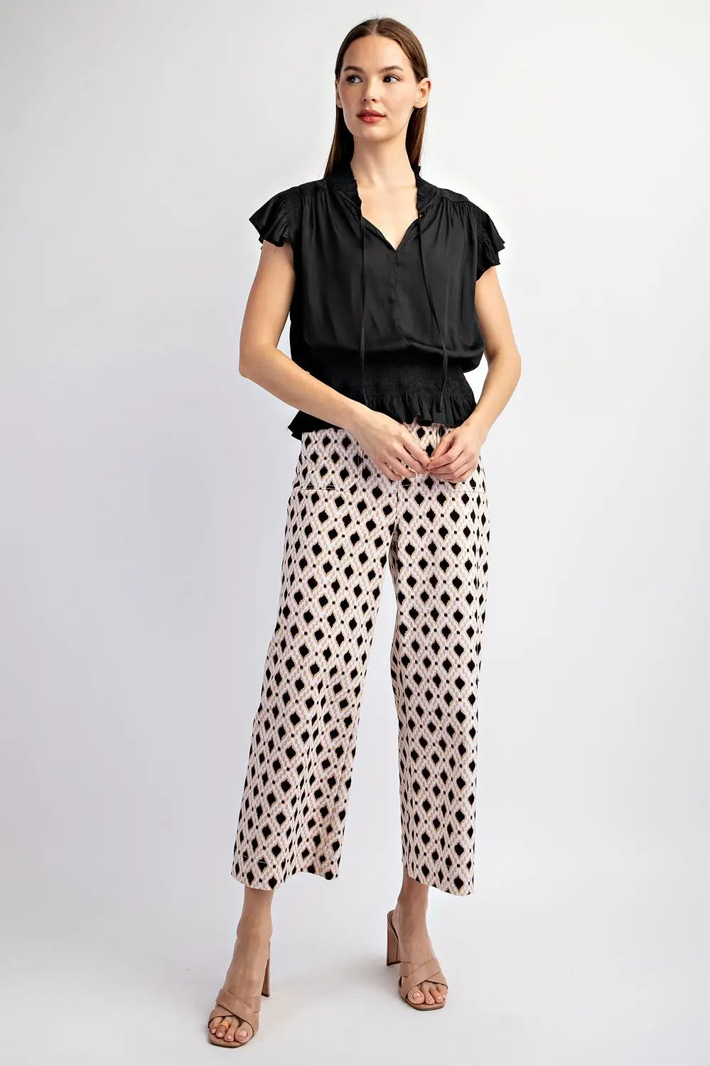 TK9815 SOLID SMOCKED SHORT SLEEVE TOP