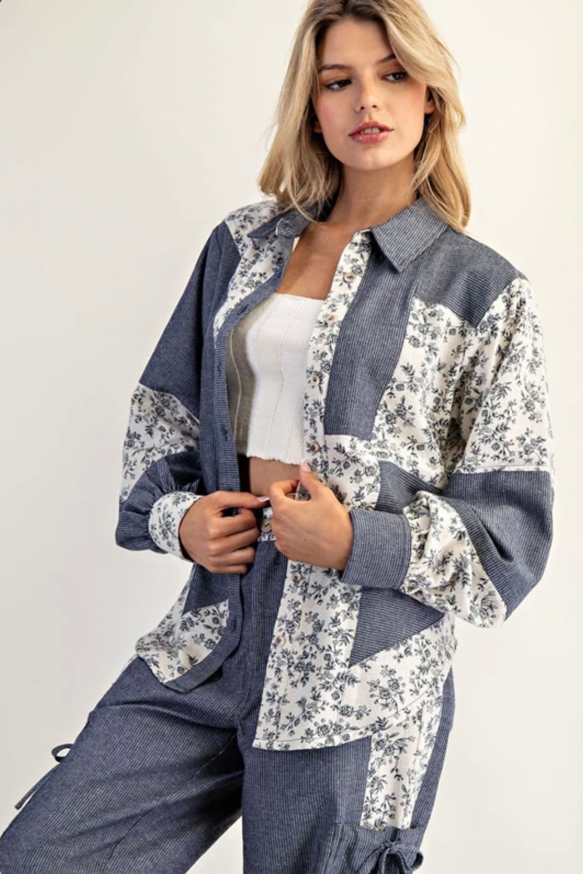 TY13137 Color Block Button Down Denim Shirt