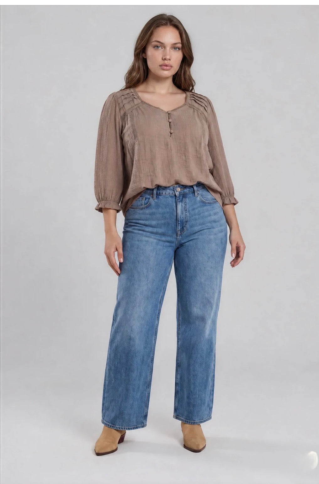 PTB9343 PLUS CROCHET TRIM V-NECK 3/4 SLEEVE HENLEY TOP