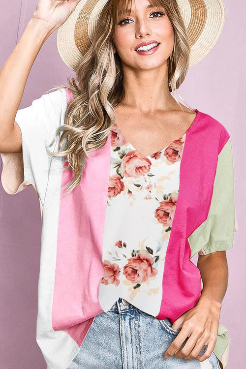BT2359 COTTON SPAN KNIT COLOR BLOCK TOP