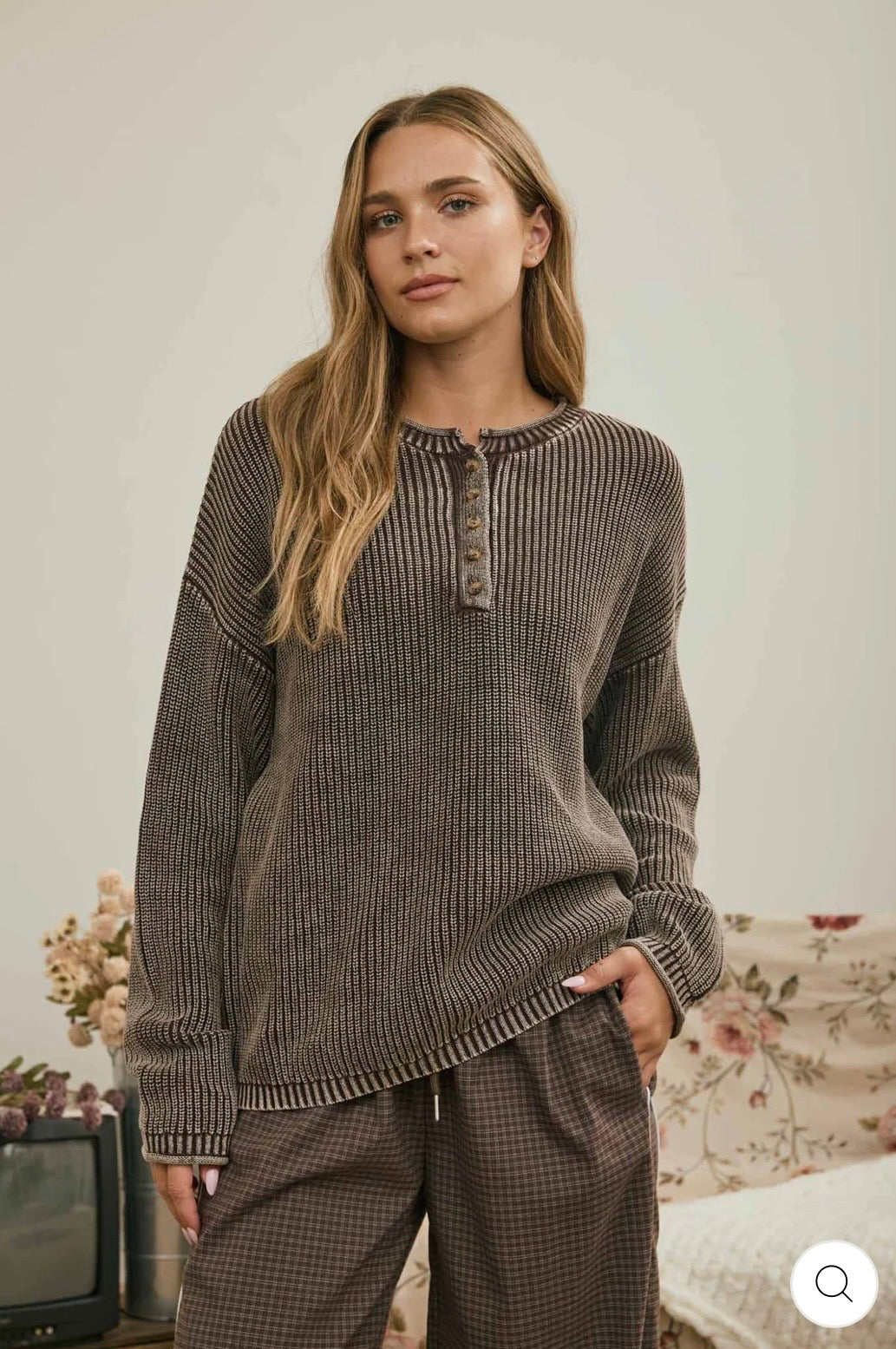 J6FT1029 WASHED RIBBED HENLEY DROP SHOULDER KNIT SWEATER