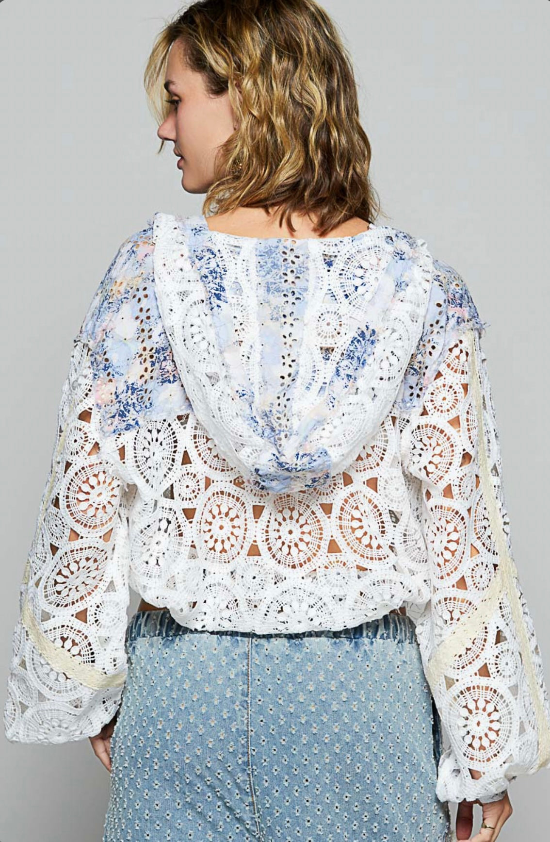 UWT407 Long Sleeve Regular Fit Hoodie Jacket Top in Crochet with Printed Eyelet Patch