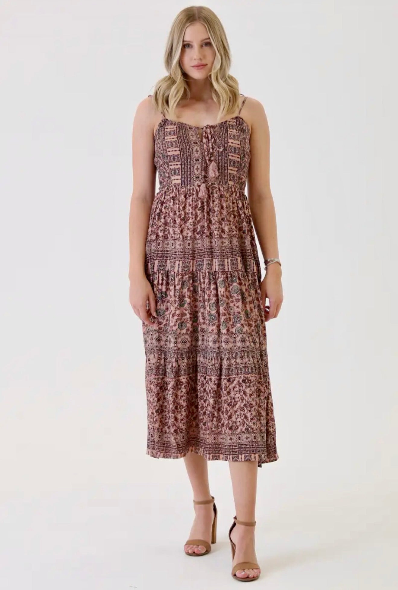 F4E88 Overdye Tie Neck Strappy Back Tiered Skirt Maxi Dress