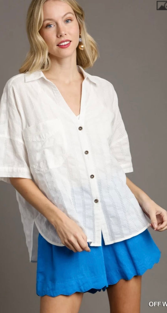 K7863 Textured Button-Down Blouse-Off white