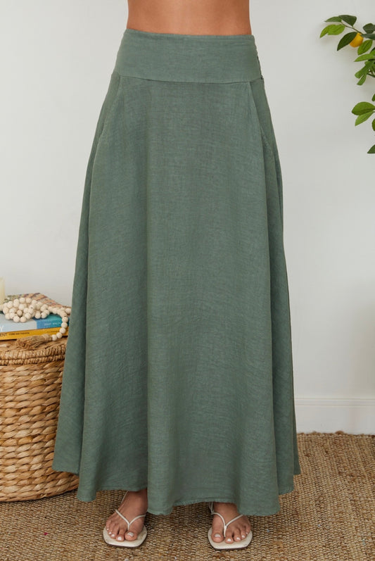 155084 Linen Maxi Skirt with Pockets and Smocked Waistband