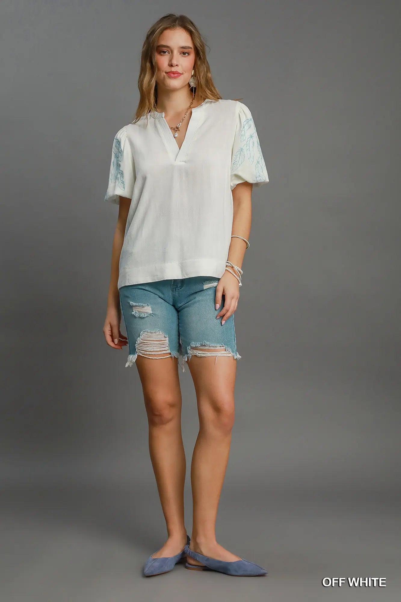 K9309 Linen Blend Embroidered Top