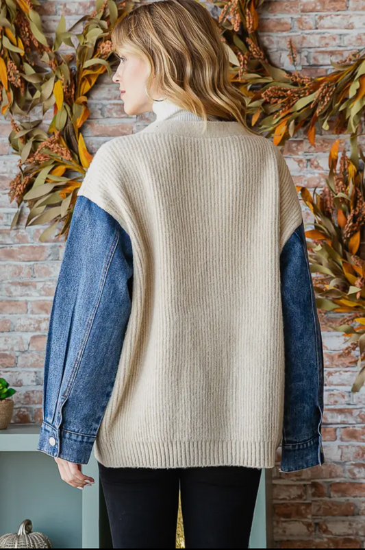 T5220 Knit Denim Contrast Heart Shaped Button Down Cardigan