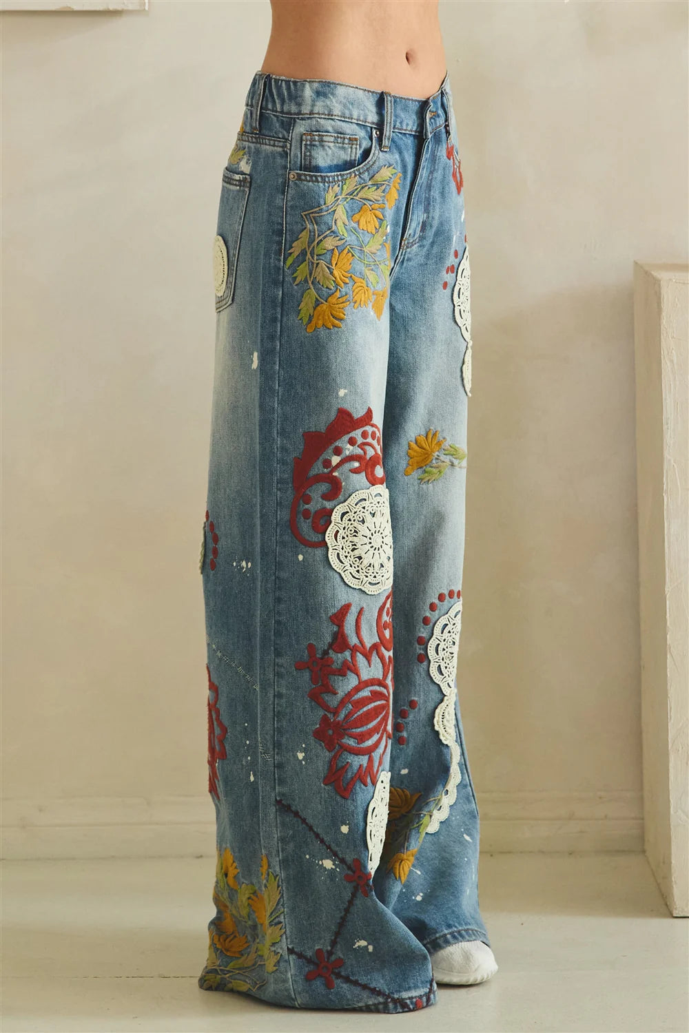 BP1190 Washed Embroidery Wide Leg Denim Jeans