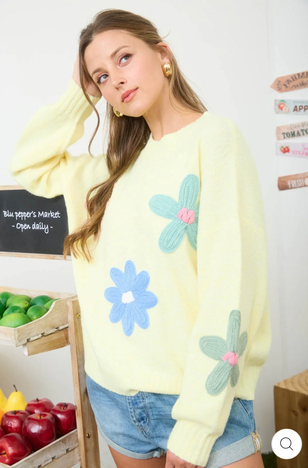CR2751 MULTI-COLOR CROCHET FLORAL DETAIL KNIT PULLOVER SWEATER -Butter Yellow