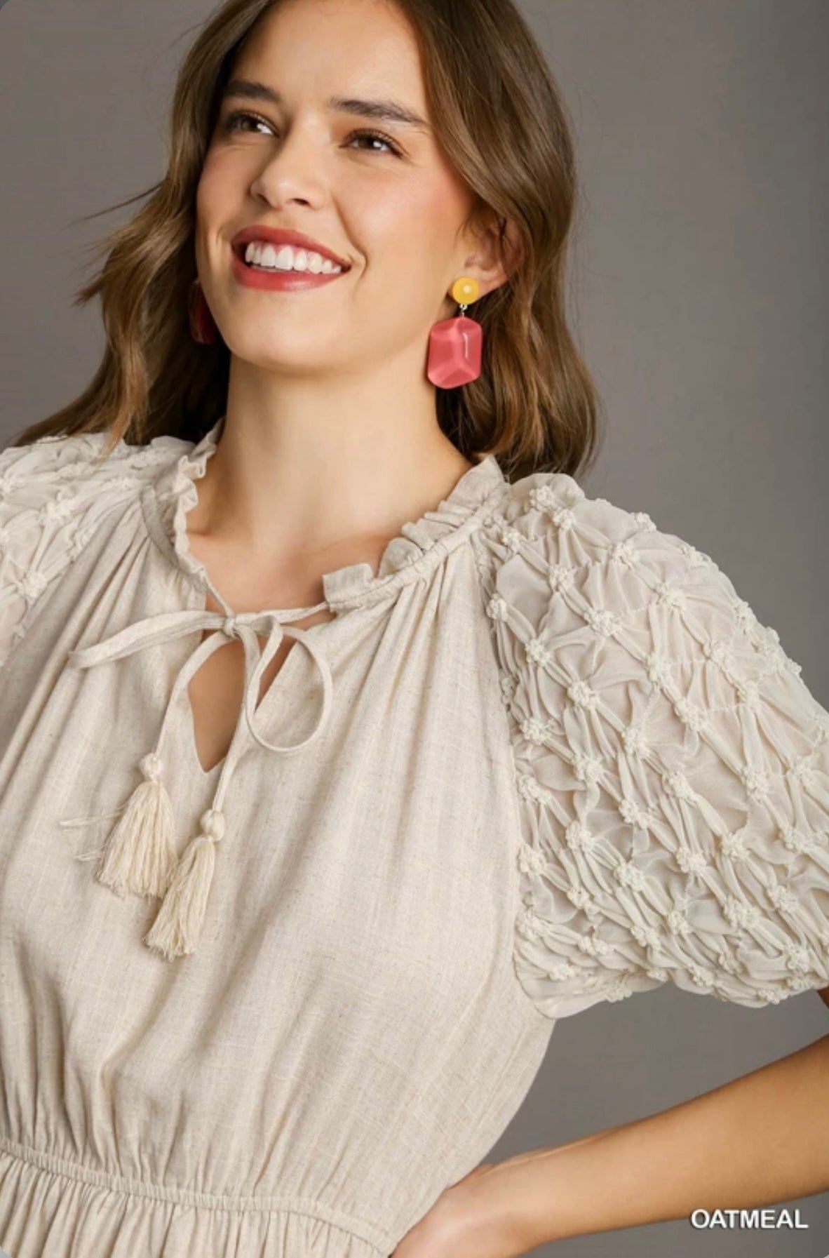 B8501 Linen Split Neck Front Tie Midi Dress