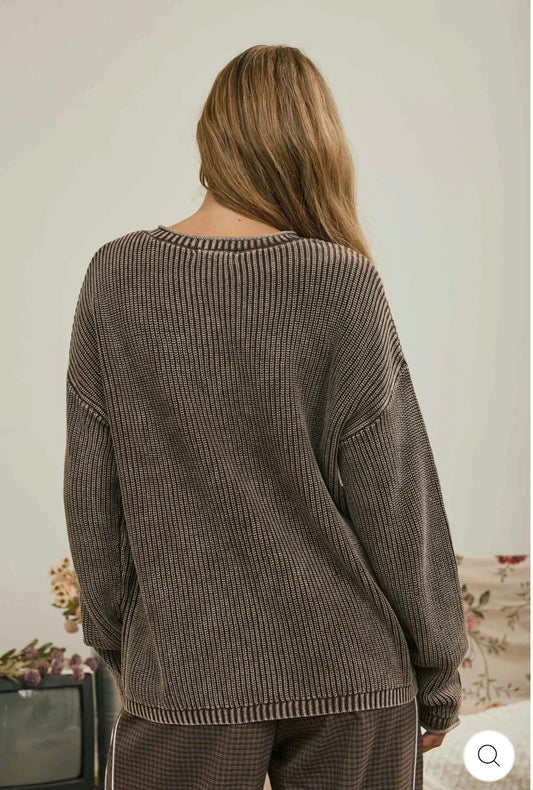 J6FT1029 WASHED RIBBED HENLEY DROP SHOULDER KNIT SWEATER