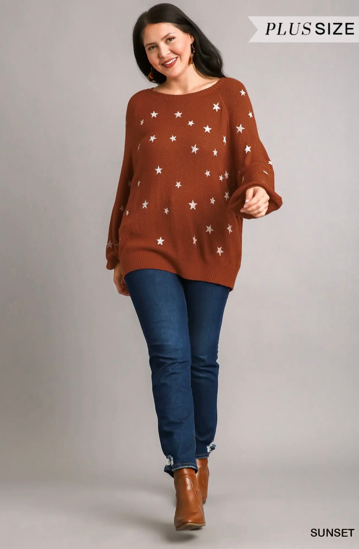 WA6081 Star Hand Stamped Round Neck Pullover Sweater