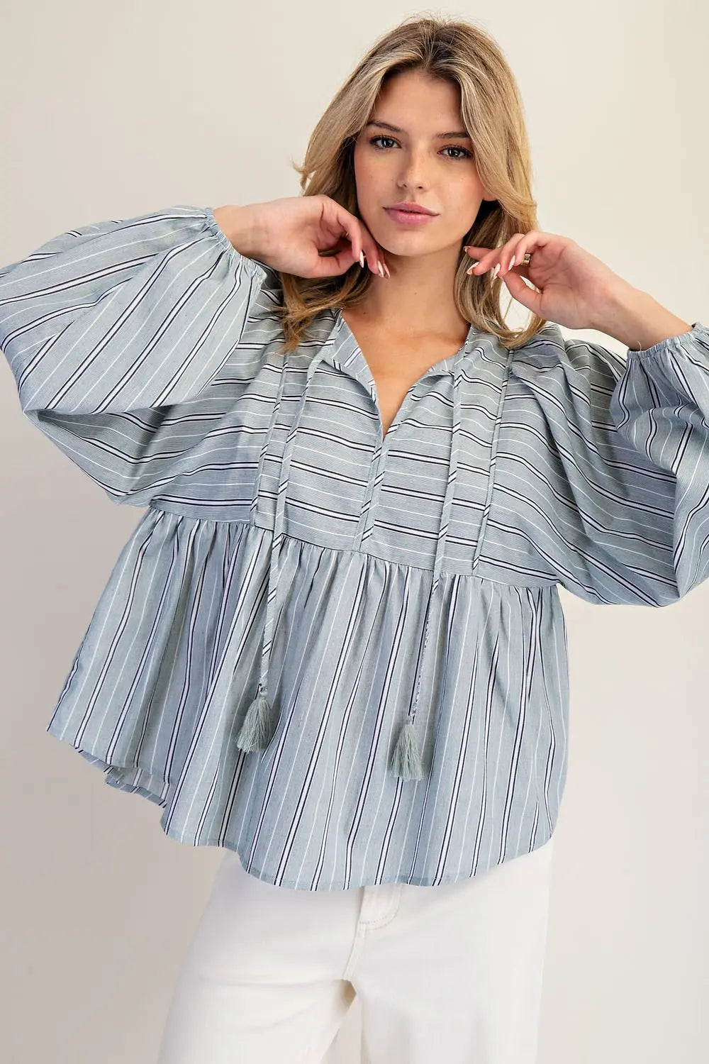 K14577 Striped Tie Front Balloon Sleeve Blouse